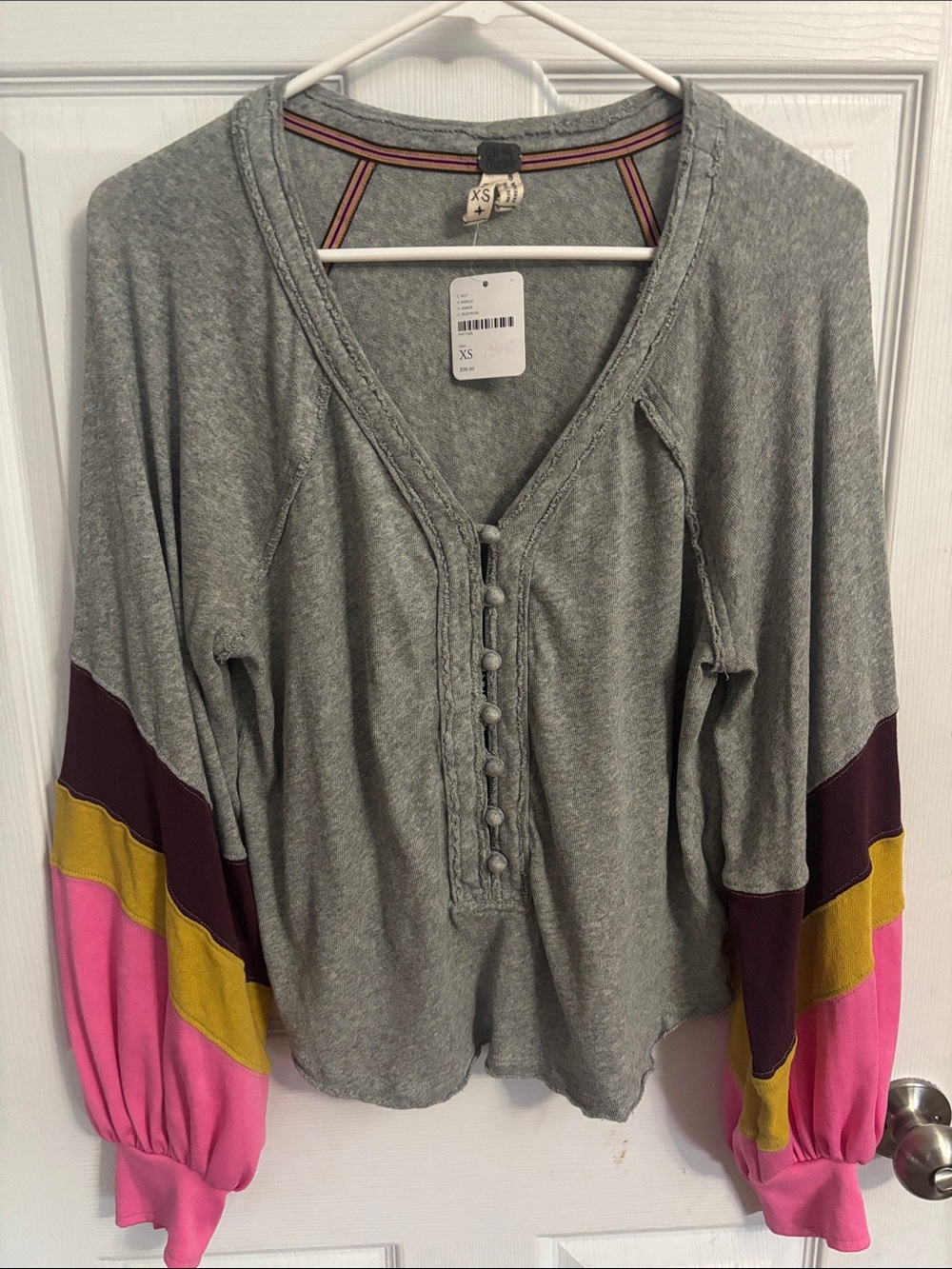 We The Free Gray Henley with Pink, Mustard & Plum Sleeve Blocks